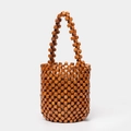 Handmade tan wooden cube beaded bucket bag with round handles and cotton linen lining - 12*12*17CM / Tan