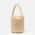 Handmade cream wood bead bucket bag with drawstring canvas inner pouch and handle - 12*12*17CM / Off White
