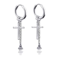 Silver drop earrings featuring a cross and skeleton hand pendant on hoop chain - Cross Skeleton Palm Gothic Style