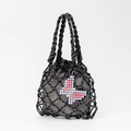 Black hand-woven mesh tote bag with a pink beaded butterfly charm and drawstring liner - Black (DY250007-2)