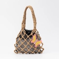 Handmade khaki woven mesh tote bag with black drawstring liner and beaded butterfly charm - Khaki (DY250007-3)