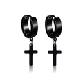 Unisex black matte stainless steel huggie hoop earrings with cross pendants on white background - Black
