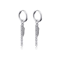 Silver hoop earrings featuring detailed feather charms and slim chains in punk style - Feather and Thin Chain