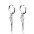 Silver hoop earrings featuring a polished metal cross and Cuban chain link charm - Cross Cuban Short Chain Style