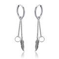 Silver long chain hoop earrings featuring a vintage feather pendant and hollow ring design - Vintage Feather Double Row Fine Chain Style