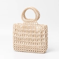 Creamy white wooden bead woven handbag with round handles and hollow out texture - One Size / Cream White Style (BB250019-1)