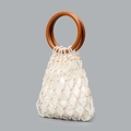Handmade woven pearl beaded tote bag with white drawstring lining and round resin handles - 22cm x 23cm / White (DY250006-1)