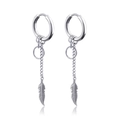 Silver hoop earrings with long chain tassels and feather pendants in a punk style - Feather Long Chain Tassel Unisex Style