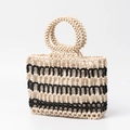 Handmade beaded handbag in cream and black with circular wooden handles for summer - One Size / Black and White Dual Color Style (BB250019-2)