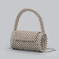 Handgemaakte zilveren kralen cilindertas met bijpassende slanke schouderketting - 17*10*10CM / Zilver