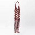 Handmade woven burgundy rope handbag with white stone beads and long fringe tassels - Wine Red With White Beads