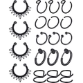 19-piece set of black stainless steel nose rings and non-piercing earrings on white background - Assorted Variety Collection