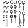 20-piece black stainless steel earring set with cross, feather, and chain pendants - Black Series Earrings Assorted Collection