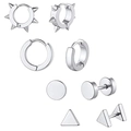 Lot de 8 boucles d'oreilles en acier inoxydable argenté avec créoles et clous de style punk - Collection de Styles Rivets Pointus et Géométriques