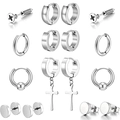 16-teiliges Set silberner Edelstahlohrringe mit Kreuzanhängern und Schraubenkopf-Steckern - Multi-Stil Ohrring-Set