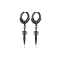 Pair of matte black gothic hoop earrings with sword pendant and skull texture engraving - Sword Pendant Hoop Style (Style F)