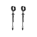 Black stainless steel hoop earring featuring a cross, long bar, and spike chain drop - Black