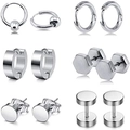 Set di 12 orecchini in acciaio argento con cerchi, borchie e design a bilanciere - Set Combinazione Mista