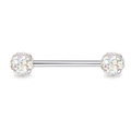 Detail of barbell piercing with aurora borealis crystals and polished stainless steel bar - US 12
