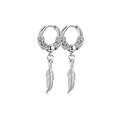 Silver feather drop earrings with embossed hoops and metallic luster finish - Style E-Feather Pendant