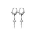 Silver dragon pattern hoop earrings with sword pendant and polished steel finish - Style F-Sword Pendant