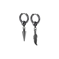 Black stainless steel punk earrings set featuring spike and feather charm dangles - Asymmetric Spike and Feather Huggie (Style I)