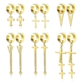 12-piece gold earring set featuring cross pendants, long chains and geometric triangles - Combination Set Style