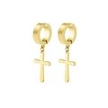 Pair of gold stainless steel huggie hoop earrings with cross pendants for a minimalist look - Flat Cross Style B