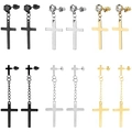 12-piece set of cross stud earrings with dangling chains in black, silver, and gold metal - Mixed Styles Multi-Color Collection