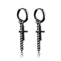 Matte black stainless steel hoop earrings with hanging long chain and cross pendant - Style C / Black / Single Piece