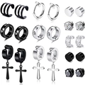 22-piece set of silver and black clip-on earrings with cross pendants and magnetic studs - Multi-Style Earring Set