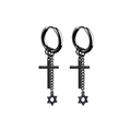 Black stainless steel hoop earrings with hanging cross and hexagram star charms - Style E / Black / Single Piece