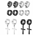 Lot de 12 boucles d'oreilles magnétiques sans perçage avec pendentifs croix noirs et argent - Style d'ensemble combiné / Mélange Noir et Acier