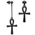 Matte black stainless steel Ankh cross drop earrings with classic butterfly backing - Asymmetric Set / Black