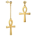 Asymmetric golden Ankh cross earrings with fine link chain on a white background - Asymmetric Set / Gold