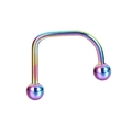 Macro detail of rainbow iridescent stainless steel U-shaped body piercing jewelry with dual balls - 1.2x10x3mm / Rainbow-Ball