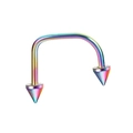 Macro shot of rainbow-plated U-shaped steel piercing with cone-shaped screw heads - 1.2x10x3mm / Rainbow-Spike