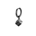 Macro detail of black stainless steel hoop earring featuring a 3D dice charm pendant - Style N