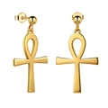 Elegant gold-tone Ankh cross drop earrings with a high-polished metallic mirror finish - Short / Gold