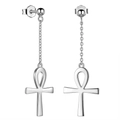Silver Ankh cross long chain drop earrings with polished finish and ball studs - Long / Steel