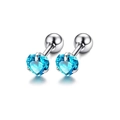 Silver stud earrings featuring heart-shaped blue stones with secure screw-back ball closures - Heart Aquamarine Rhinestone