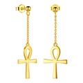 Polished gold-plated long chain earrings featuring Ankh cross pendants for women - Long / Gold