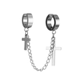 Silver stainless steel double clip earrings with chain and cross pendant accessory - Double Loop Linked Cross Ear Clip (Style 31)