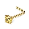 Macro detail of a 20G gold-plated stainless steel L-shaped nose stud with yellow zircon - 0.8*6.5*1.5mm / Gold