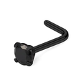Macro shot of black PVD stainless steel L-shaped nose stud with 4-prong zircon setting - 0.8*6.5*1.5mm / Black