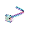 Macro view of rainbow plating L-shaped nose stud with a round cubic zirconia 4-prong setting - Rainbow