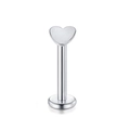 Detailed close-up of a silver stainless steel heart-shaped flat back lip stud and tragus piercer - Heart / 6mm (1 Piece) / Silver