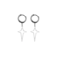 Silver stainless steel hoop earrings with hanging four-pointed star charm pendants - Hollow Four-pointed Star Style