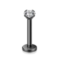 Vista dettagliata del piercing 16G nero con base piatta e zircone con sei griffe - 1.2x6x3mm / Zirconia Bianca - Barra Nera