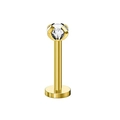 Dettaglio macro del piercing piatto 16G in acciaio dorato con zircone incastonato a quattro punte - 1.2x6x3mm / Zirconia Bianca - Barra Oro